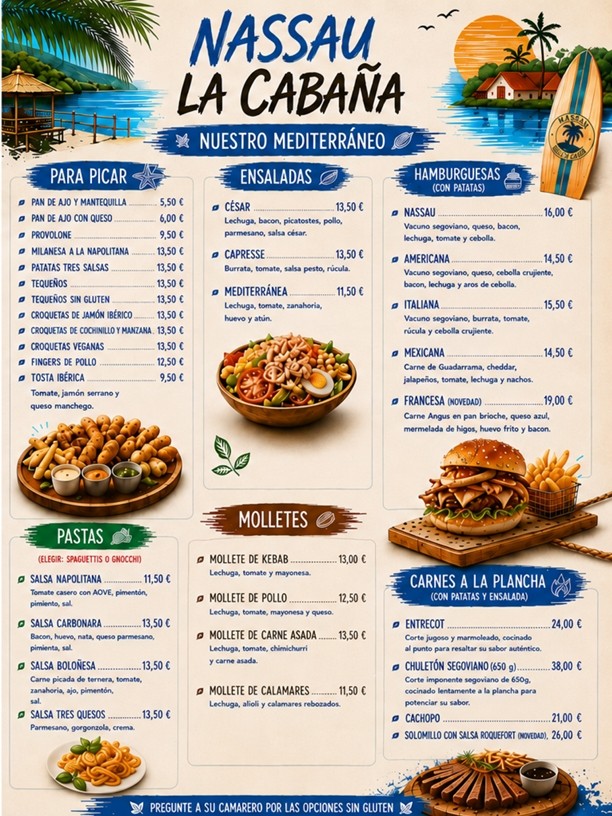 Carta original de La Cabaña del Lago con platos y precios
